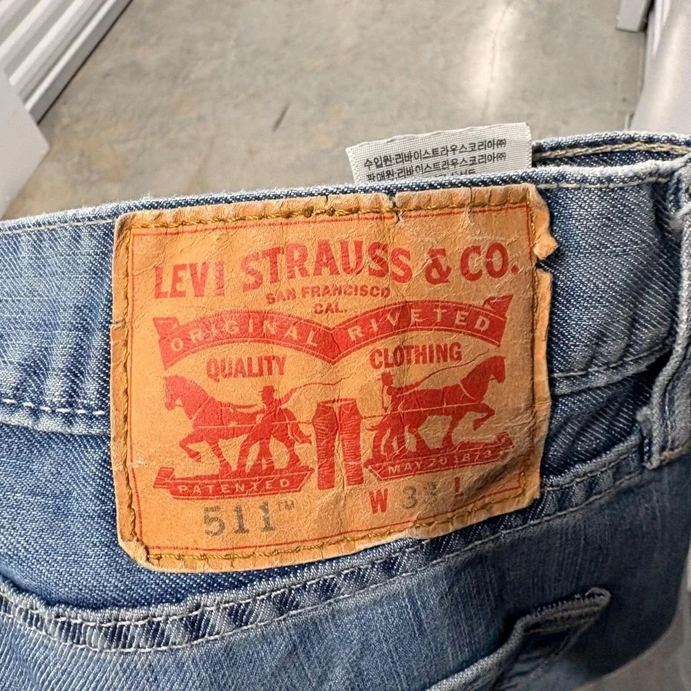 Levis 511 Slim Fit Light Wash Distressed Jeans Mens W33 L32 Blue Y2K Denim